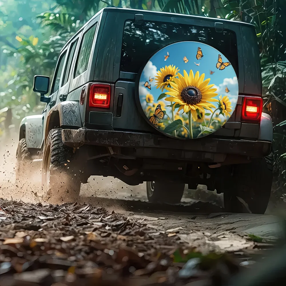 A 2D Printed Tire Cover Featuring A Yellow Sunflower And Butterfly Design, Made Of 100% Polyester, Requires No Electricity, Perf