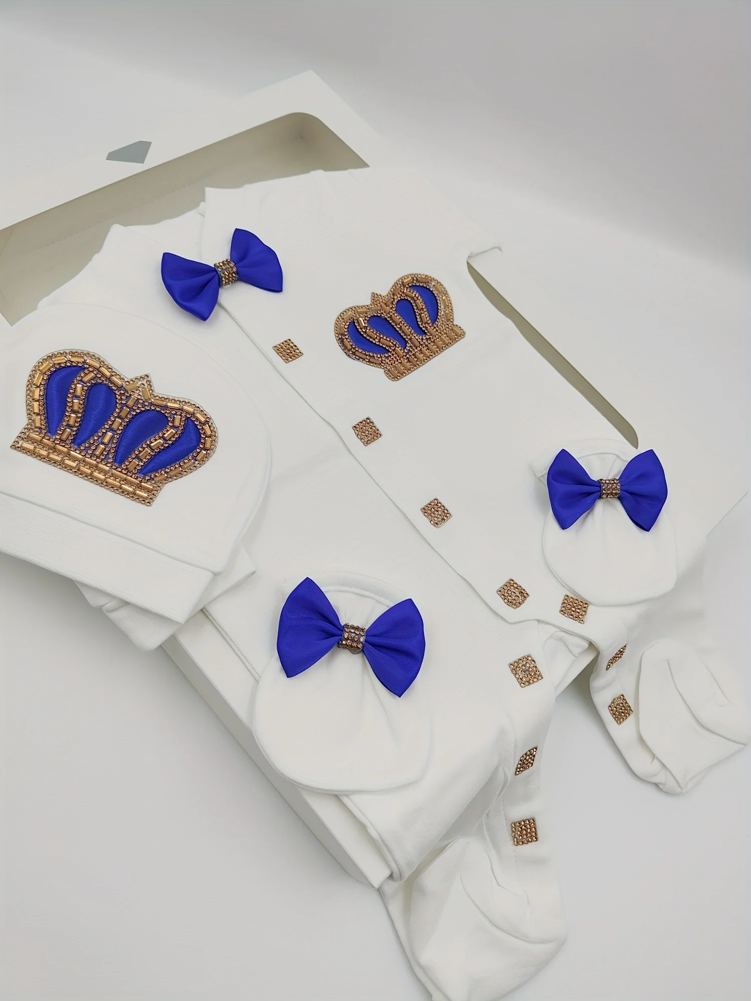 Baby Footed Romper Newborn 0-9 Months 3Pcs White Royal Blue Prince Crown Bow Royal Baptism Boutique Baby Gift