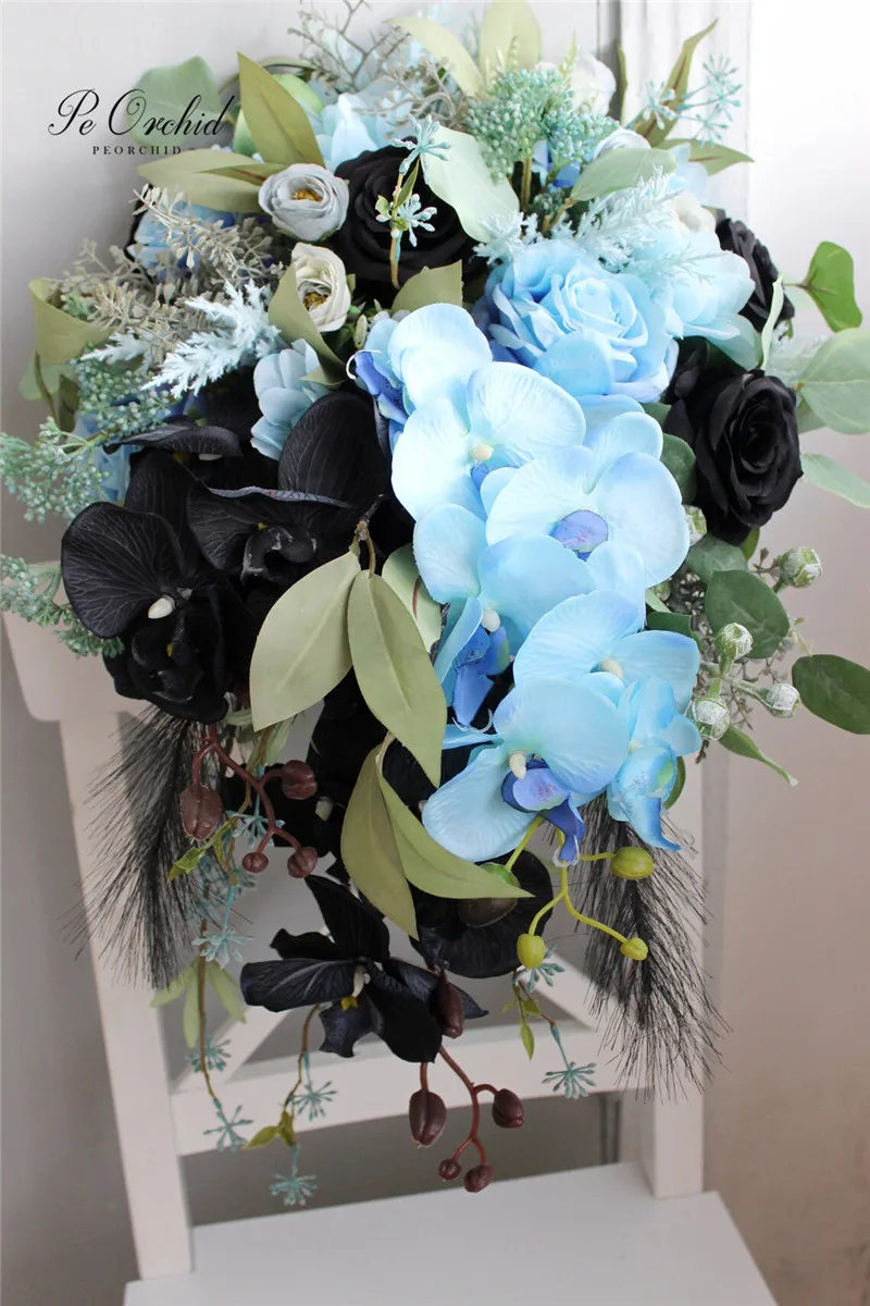 PEORCHID Sage Blue Black Bridal Waterfall Bouquet Artificial Silk Flowers Roses Orchids Large Cascading Gothic Wedding Bouquet