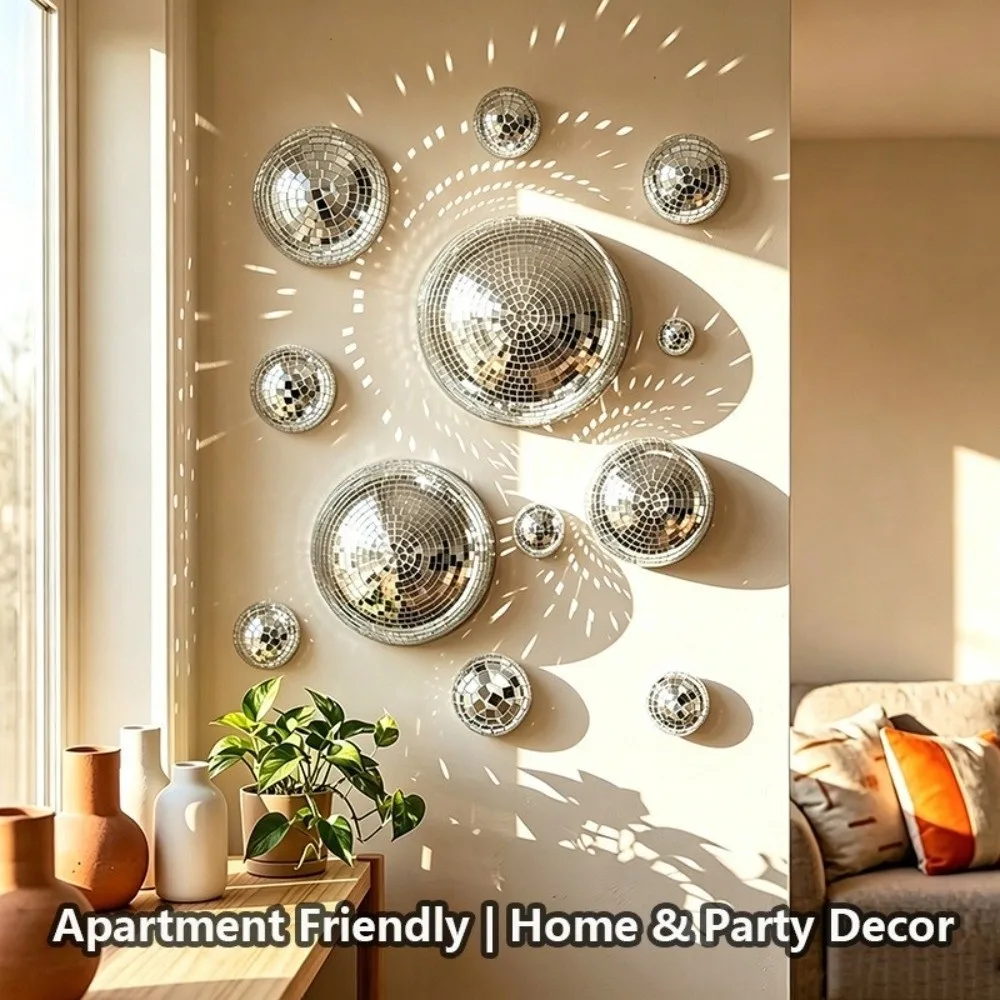 5Pcs Metallic Disco Ball Half Wall Decor Glittery Light-refracting Mirror Disco Ball Wall Art Adhesive-backed Glass Mirror
