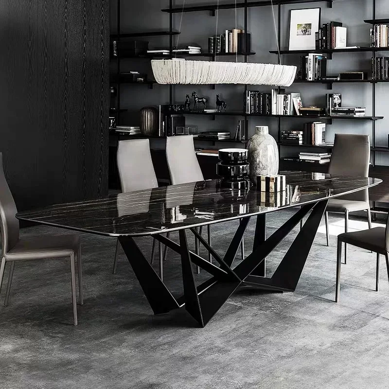 Italian light luxury negotiation table rock slab dining table rectangular marble dining table