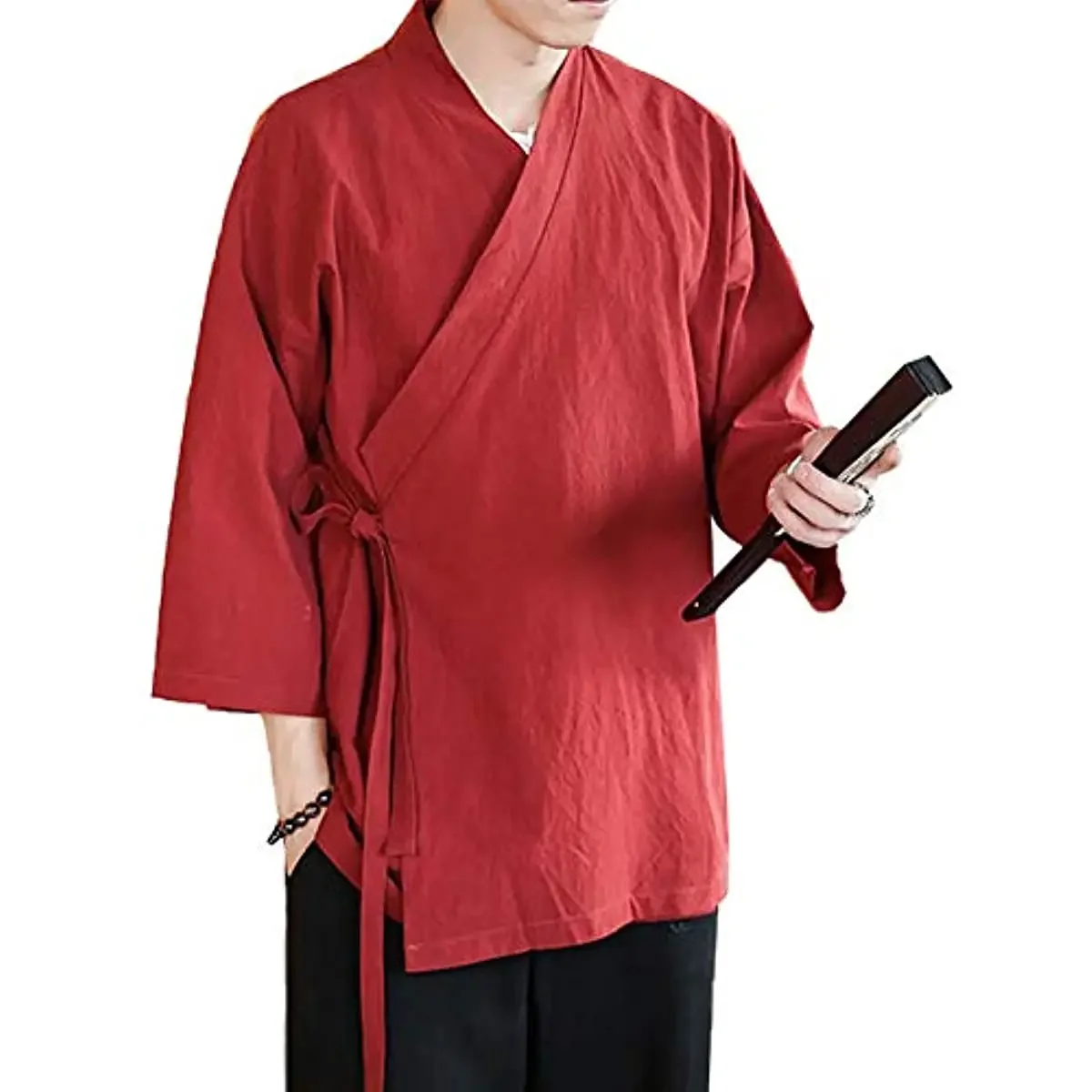 Men's Chinese Style Linen Cardigan Jacket Loose Kimono Jacket Solid Color Self-tie Hanfu Traditional Clothing 5XL