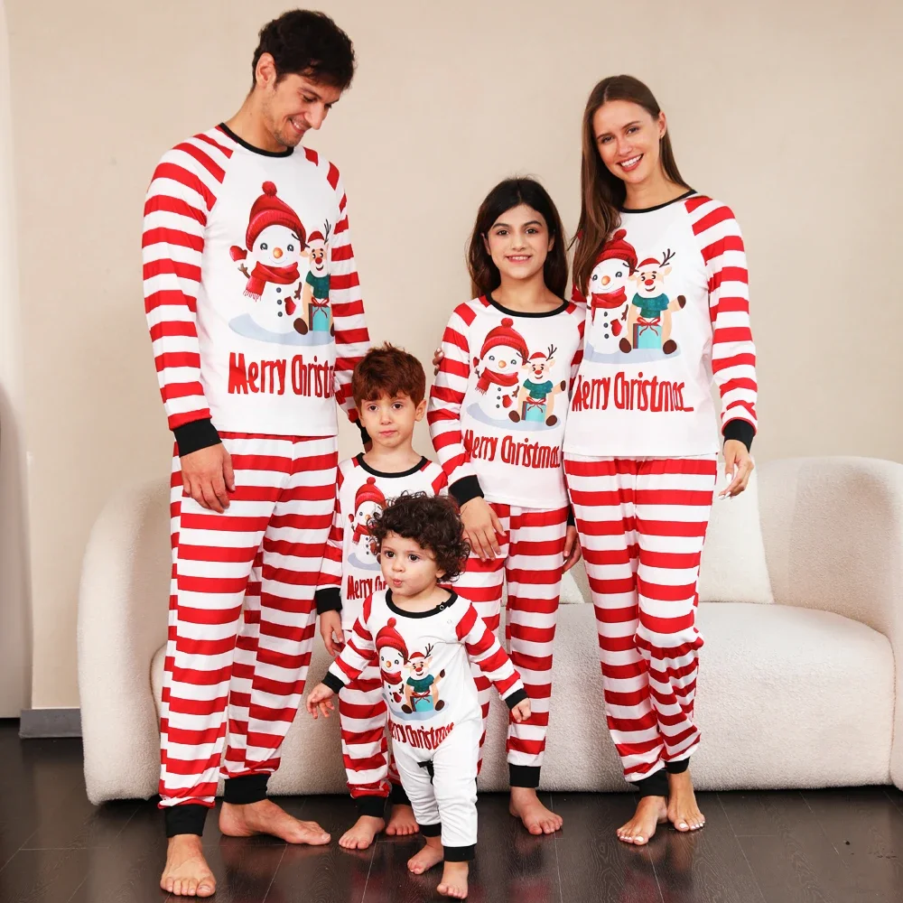 

New 2025 Merry Christmas Striped Print Women Men Boys Girls Pajamas Set Family Matchig Outfits Soft Homewear Children's Clothing