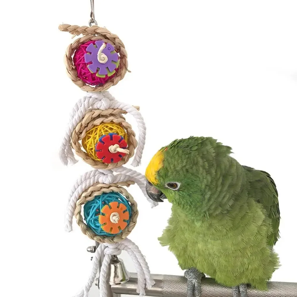 Parrot Hanging Rattan Ball Toy Cotton Rope Climb Chew Toys with Bell Cage Accessories Pet Bird Toys Gifts Parrot Budgie Stand