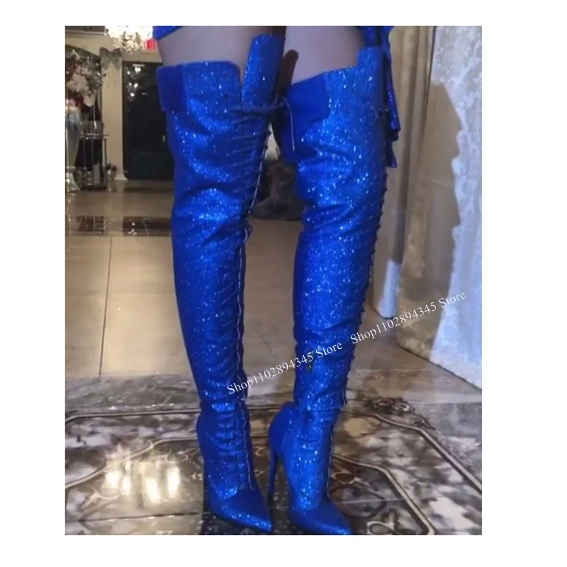 Blue Glitter Patchwork Boots Thin High Heel Over Knee High Fashion Cool Sexy Summer Casual Big Size Woman Shoes Zapatillas Mujer