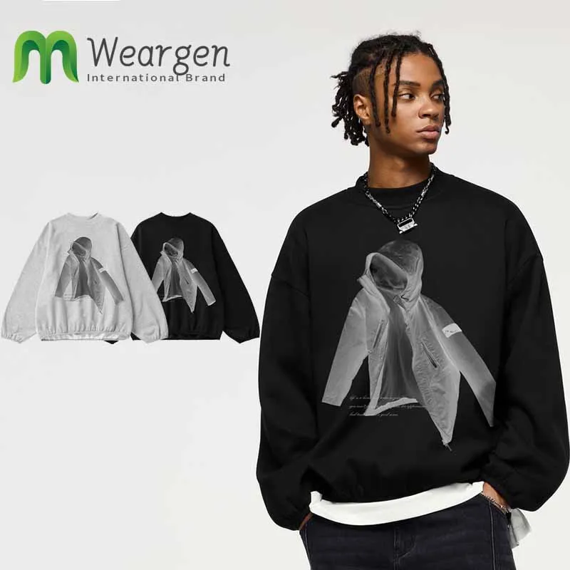 Men's X-ray Printed Round Neck Hoodie For Autumn Winter, New Trendy Brand Casual Flame Integrated Velvet top 4421W24