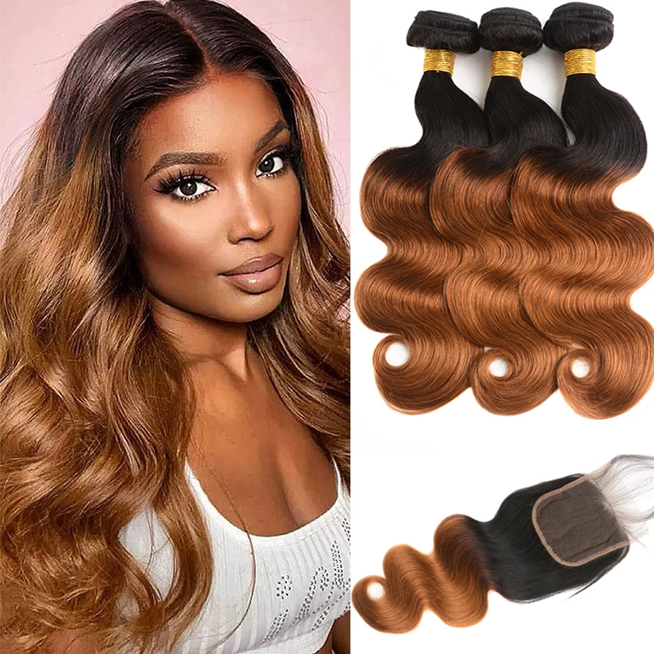 100% حزم شعر بشري داكن مع إغلاق ماليزيا تسليط الضوء على شقراء أومبير البيانو اللون 4/27 موجة الجسم البني مع إغلاق 4x4 HD