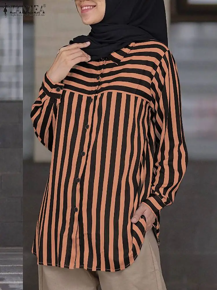 ZANZEA Autumn Turn-down Collar Camisas Striped Islamic Long Sleeve Casual Blouses Muslim Fashion Women Patchwork Elegant Shirts