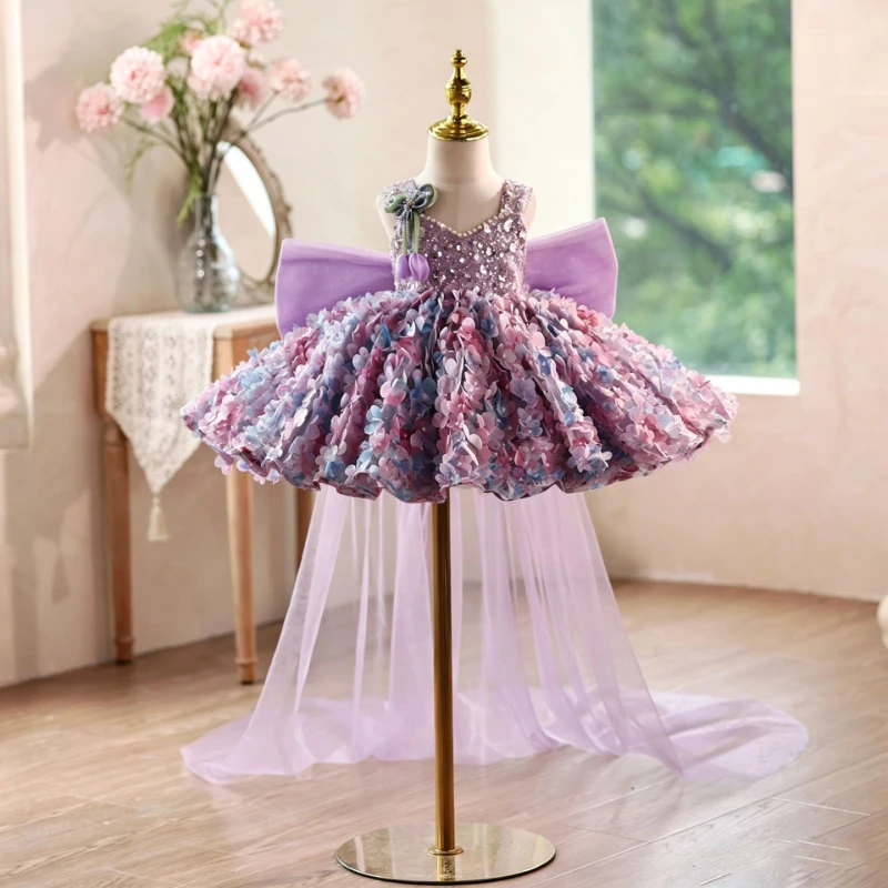 Children Girls Birthday Party Banquet V Neck Gown Clothes Piano Performance Fashion Elegant Kids Host Princess Dress Costume