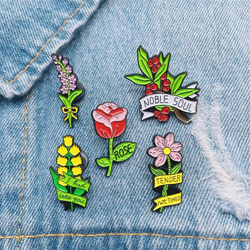 Cartoon Sweet Plant Flower Enamel Brooch Red Rose Petunia Lavender Letter Ribbon Cute Alloy Pins Badge Jewelry Gift For Friends