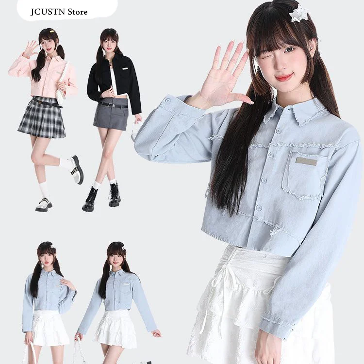 Casaco Denim Kawaii Turn Down Collar para Meninas, Tops de Cor Sólida para Mulheres, Jaquetas Y2K, Roupas Curtas Bonitos, Roupas Harajuku, Novo, Outono