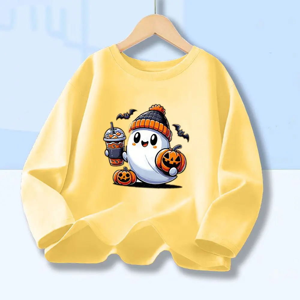 Herbst-Frühlings-Langarm-T-Shirt aus Baumwolle für Jungen, mit niedlichem Cartoon-Geister-, Kürbis- und Fledermaus-Halloween-Print, lässige Oberteile für Kinder.