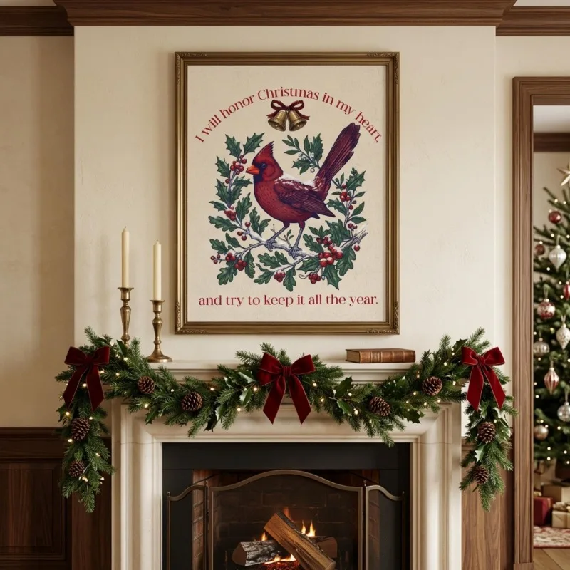 Vintage Christmas Cardinal Bird Canvas Wall Art Holly Berry Bell Quote Print Winter Decor for Wall Print Unframed Canvas Poster