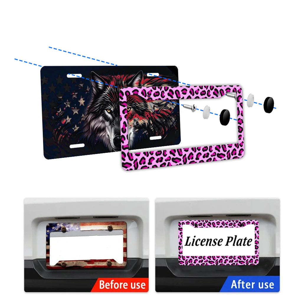إطار لوحة ترخيص من الألومنيوم بطباعة الفهد الوردي مع مجموعة براغي، هدية تزيين السيارة الجديدة، 6 × 12 بوصة #3
