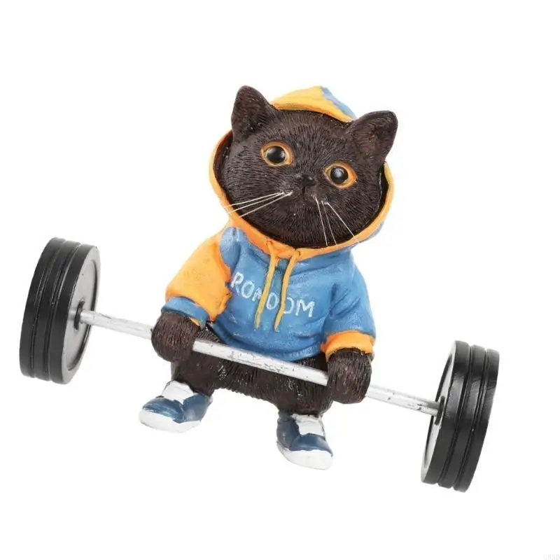 Lifting Dumbbell Cats Statues Home Decors Cats Figurines Barbell Cats Figurine Fitness Animal Table Ornaments C5AD