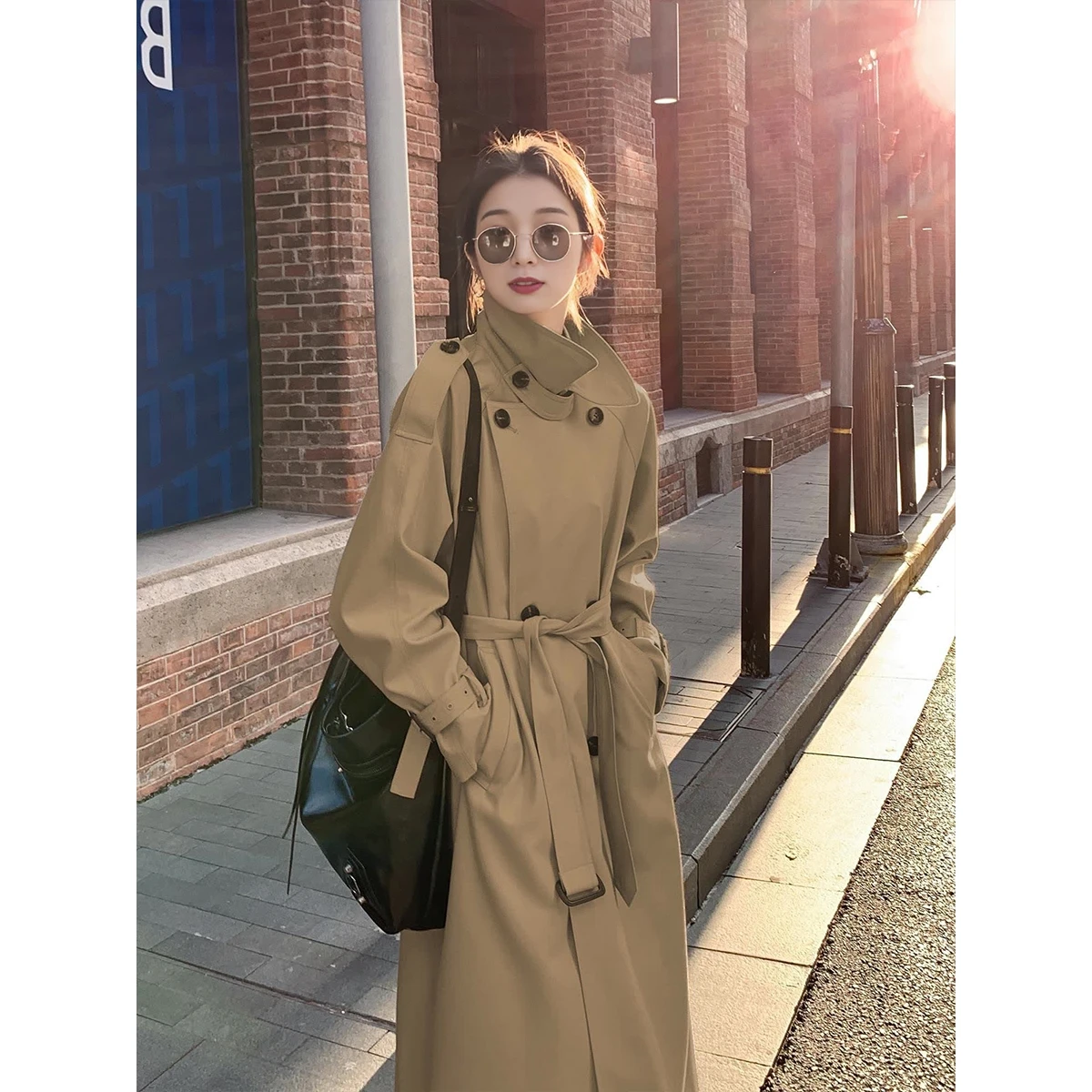 

Женское пальто цвета хаки средней длины в корейском стиле, свободного кроя, с поясом на талии, премиум-класса, осенняя модная верхняя одежда