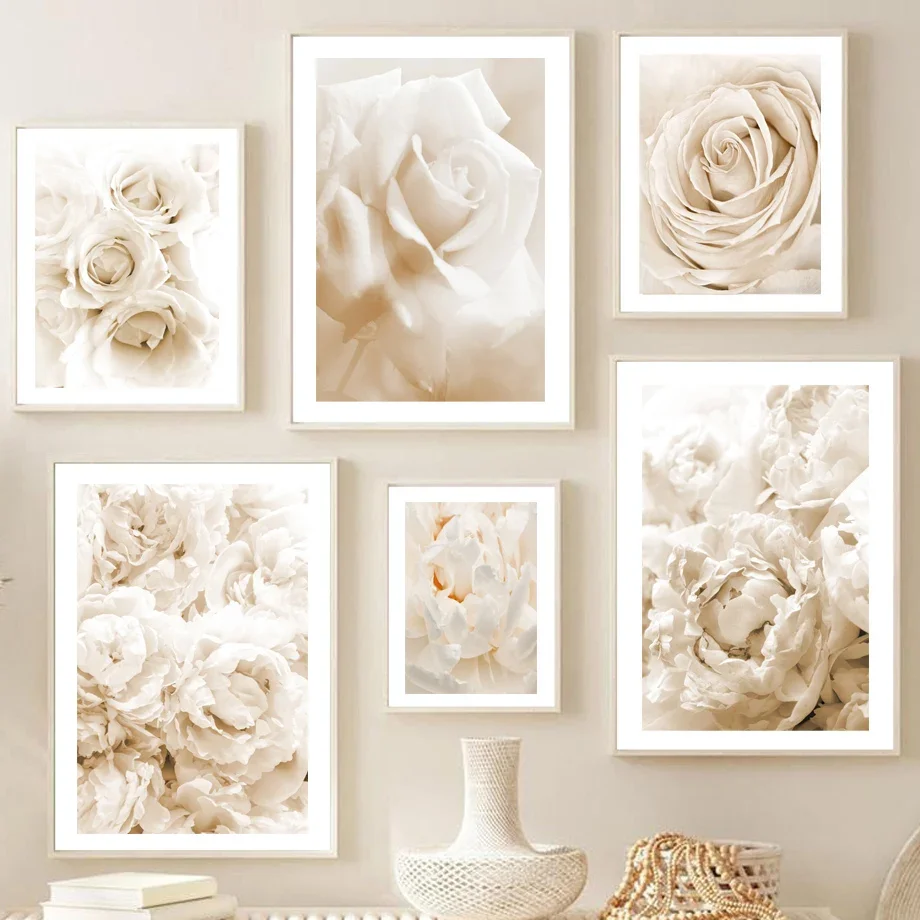 Blooming Beige Rose Peony Flower Market Wall Art Canvas Painting Nordic Posters And Prints Wall Pictures For Living Room Decor