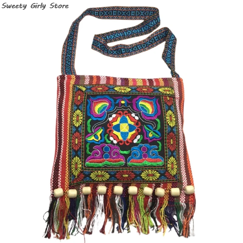 Long Tassel Crossbody Bag Thailand Fashion Shoulder Bags Party Wedding Handbag for Women Vintage Tribal Embroidery Ethnic Purse