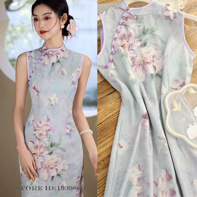 

Sexy Print Flower Sleveless Womens Qipao Chinese Dress New Chinese Style Hanfu Long Cheongsam Oriental Clothing Vintage Vestidos