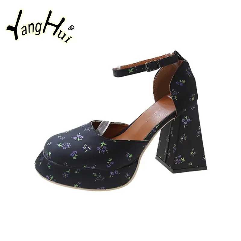 Vintage Print Mary Jane Shoes Women\'s 2023 Summer New Fashion Square Toe Thick Heel Vintage High Heel Sandals Single Pumps