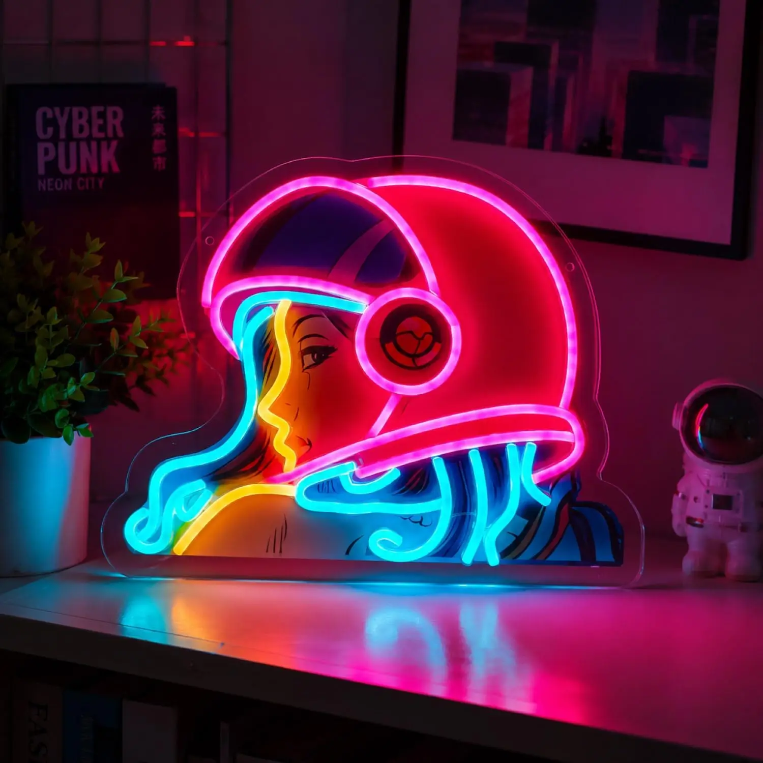 Anime Biker Girl LED Neon Sign USB Helmet Girl Neon Light Wall Decor for Gaming Room Bedroom Bar Cyberpunk Style Wall Art Lamp