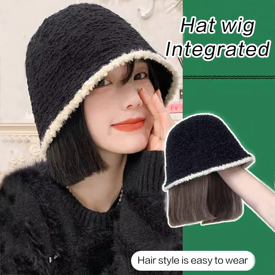 Synthetic hat wig female short straight hair warm soft knit autumn and winter hat heat-resistant wig suitable for women to wear.