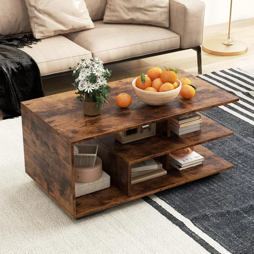 Mid Century Modern Coffee Table with Storage Shelves,  3-Tier Rectangular Wooden Tea Table