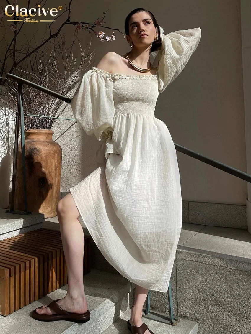 

Clacive Sexy Loose Beige Women Dress 2024 Fashion Slash Neck Lantern Sleeve Midi Dresses Elegant Classic High Waist Female Dress