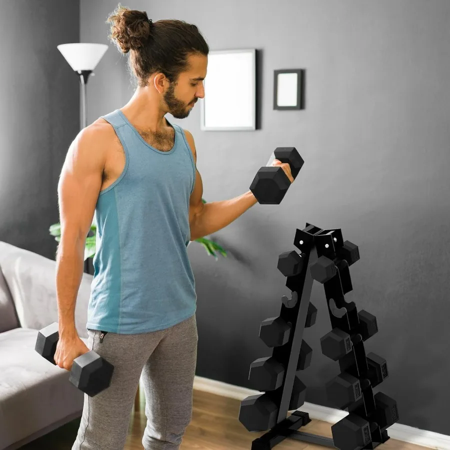 مجموعات دمبل سداسية مغلفة بالمطاط بوزن 5300 رطل مع رف اختياري لأوزان اليد المطلية بصالة الألعاب الرياضية المنزلية لتدريبات القوة Ide