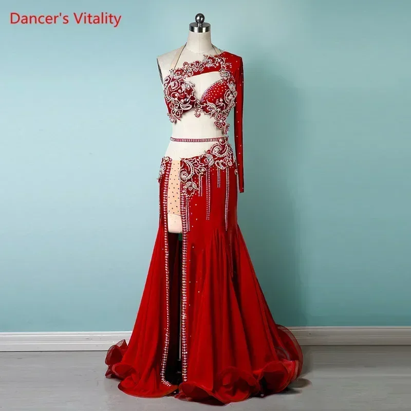 Belly Dance Suit Embroidery Diamond Bra Split Fishtail Skirt Performance Set High-End Custom Adult Child Competition Clothing