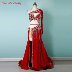 Traje de danza del vientre bordado con diamantes, sujetador dividido, falda de cola de pez, conjunto de rendimiento de gama alta, ropa de competición personalizada para adultos y niños