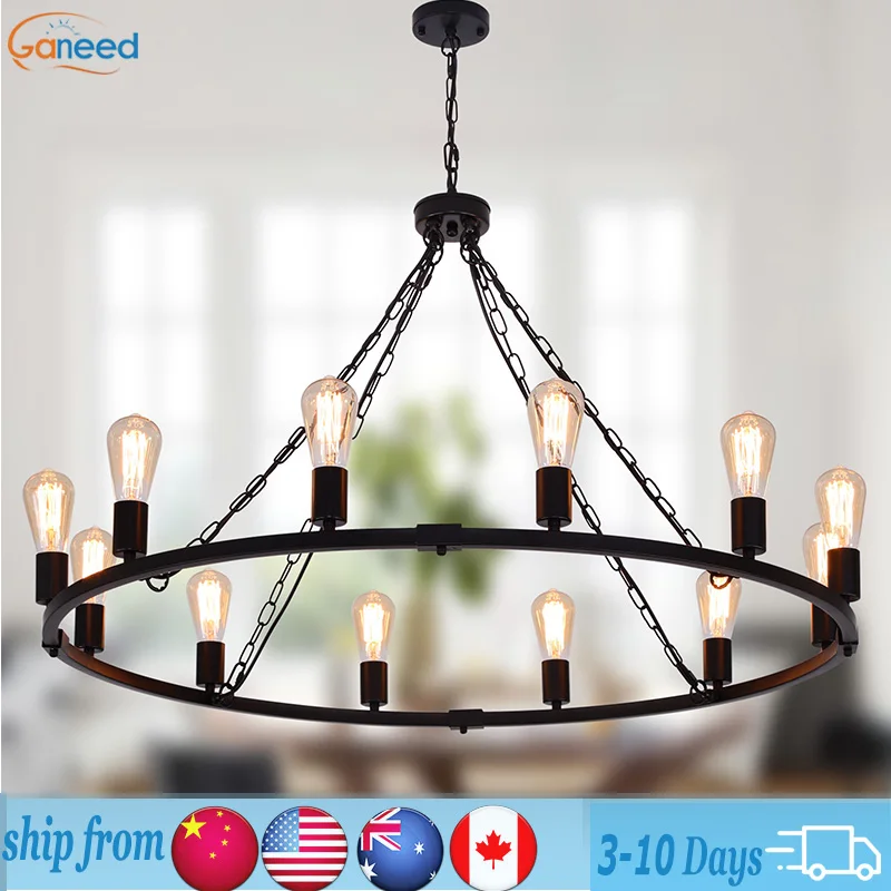 Chandelier Metal 39 inch 12-Lights Rustic Wagon Wheel Chandelier Light Fixture Black Farmhouse Pendant Lighting for Dining