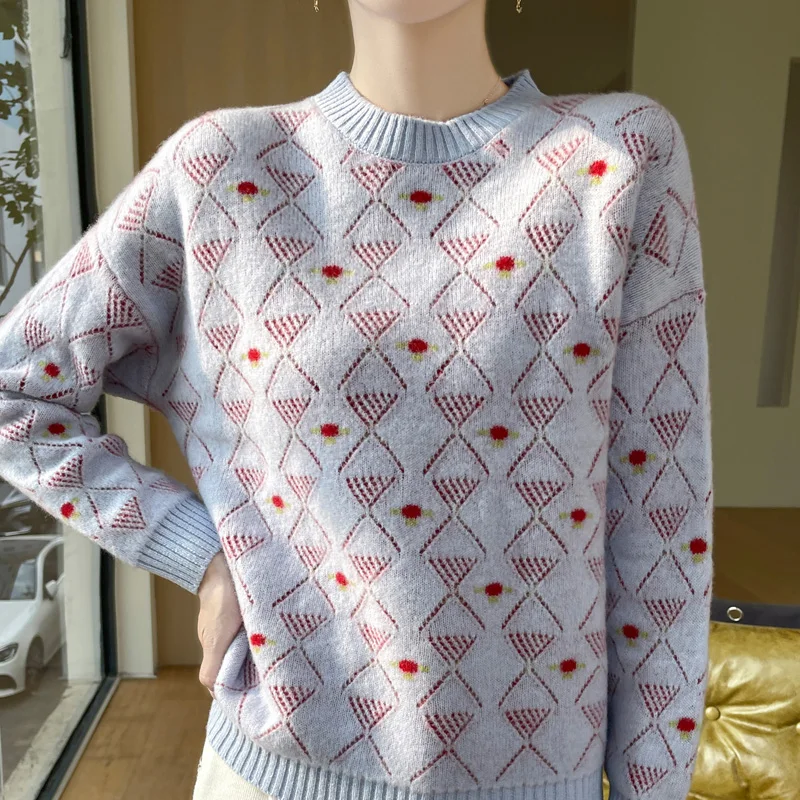 

New Spring Autumn 100% Merino Wool Pullover Women's Round Neck Long Sleeve Knitted Pattern Sweater Loose Classic Style Soft Top