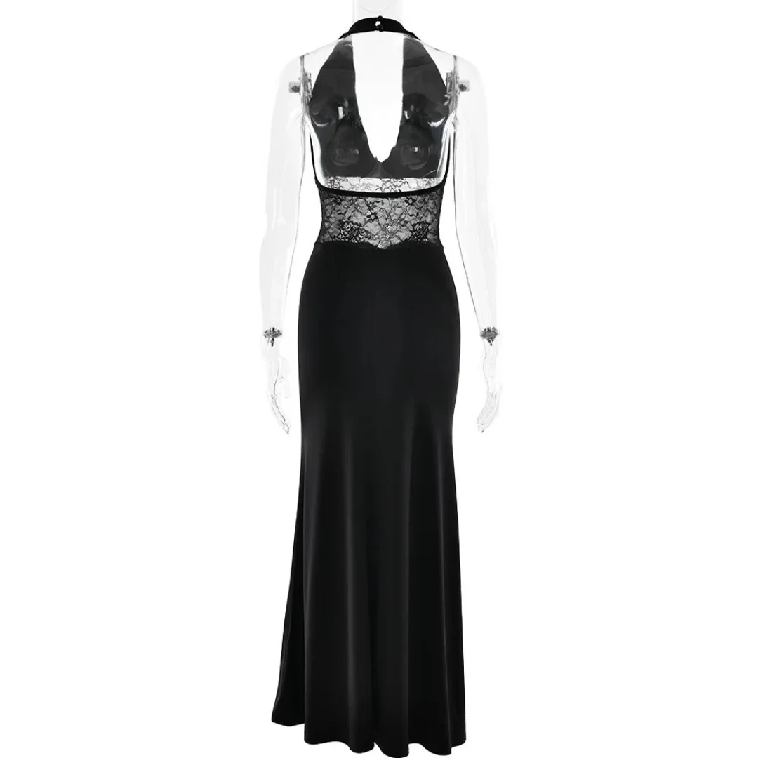 New Elegant Deep V Halter Neck Midi Dress Sexy Cutout Open Back Sash Design Slim Waist Formal Party Evening Gown For Women