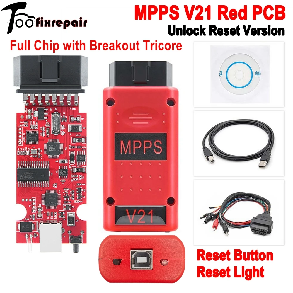 Cavo MPPS V21 con PCB Rosso, Versione Sbloccata e Reset, Chip Completo, Pulsante Reset, Luce Reset, Senza Limiti Temporali, per Tuning ECU e Scansione