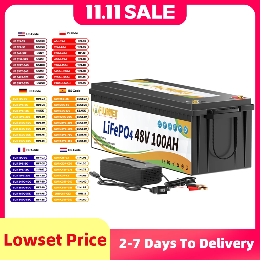 بطارية ليثيوم FLLYROWER 48 فولت 100 أمبير LiFePO4 مع بلوتوث 200A BMS للمنزل RV تخزين الطاقة الشمسية بجولة قارب السيارة على الطرق الوعرة #1