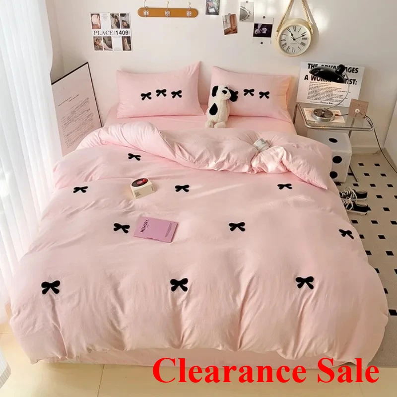

New Girls Pink Bedding Set with Bow Korean Breathable Duvet Cover No Filler Flat Sheet Pillowcases Mix Color Comforter Cover Set