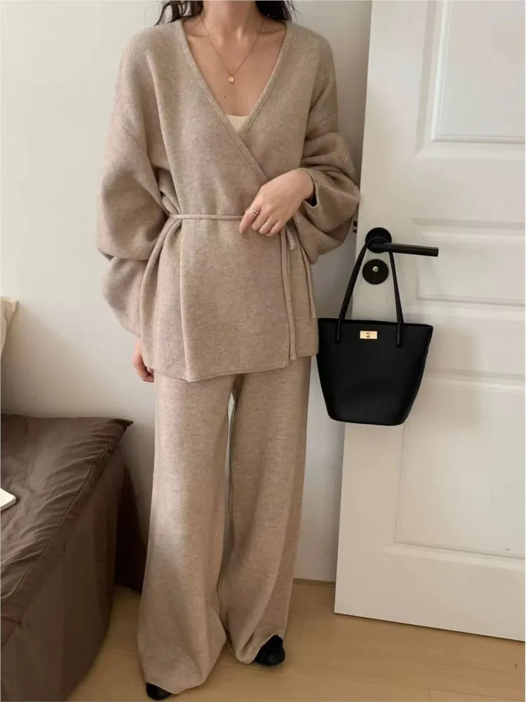 Chic Fall Two Piece Set V-neck Lace-up Sweater Loose Trouser Women Suit Lantern Sleeve  Winter Pullovers Top + Khaki Pant Set