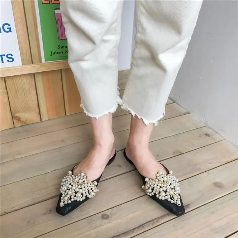 Ballets Slippers Women Imitation Pearl Pointed Toe Mules Sandals Shoes Female Crystal Summer Casual Flat Shoes