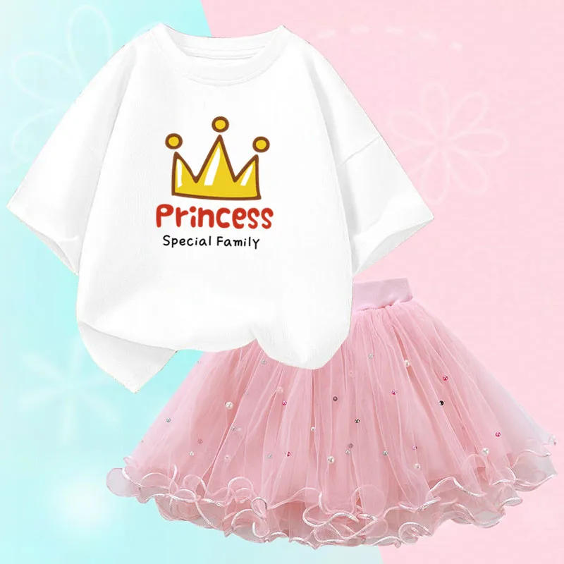 Crown Princess 2pcs TUTU Skirt Set Summer Kawaii T-shirt and Fluffy Tulle skirt Outfits Children Party Birthday Clothes