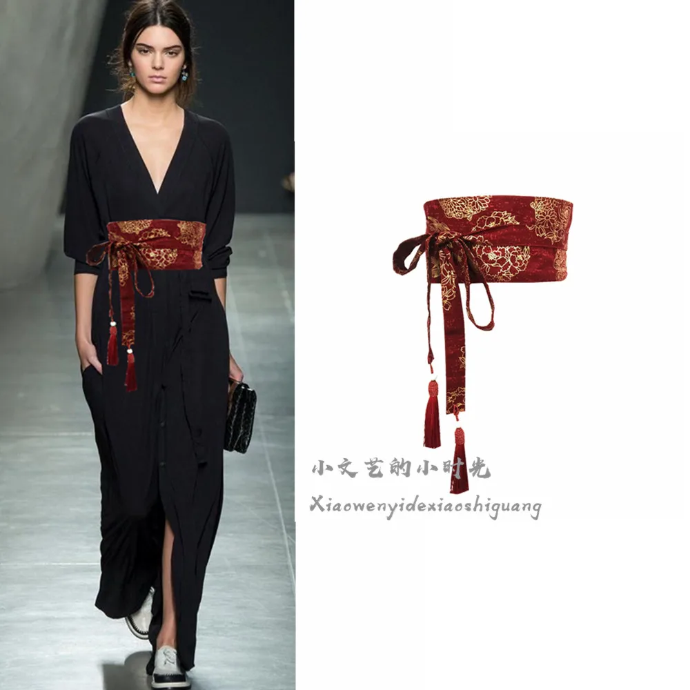 Women Wide Obi Waist Belt Chinese Style Tassel Tie Waistband Traditional Pattern For Hanfu Dresses Daily Outfits 2026 Spring New
