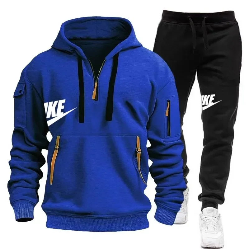 New men\'s autumn and winter zipper hoodie + trousers two-piece leisure loose fitness fashion outdoor sportswear suit