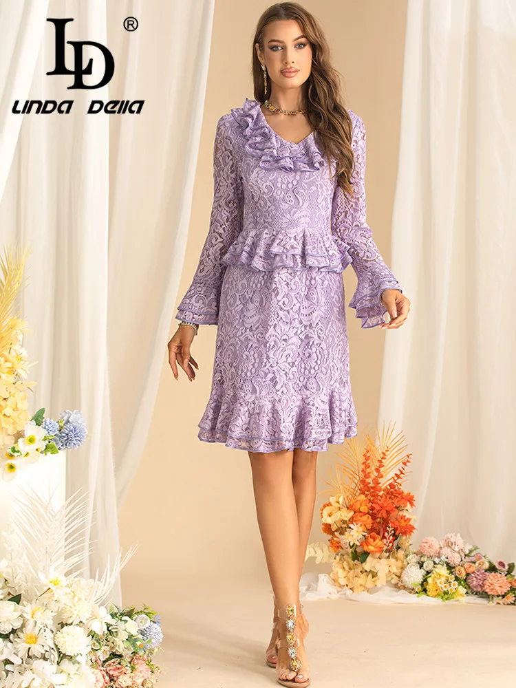 

LD LINDA DELLA New style Autumn Women's Dress Flare Sleeved Chic Lace Hollow Out Flounced Edge Vintage Elegant Dresses