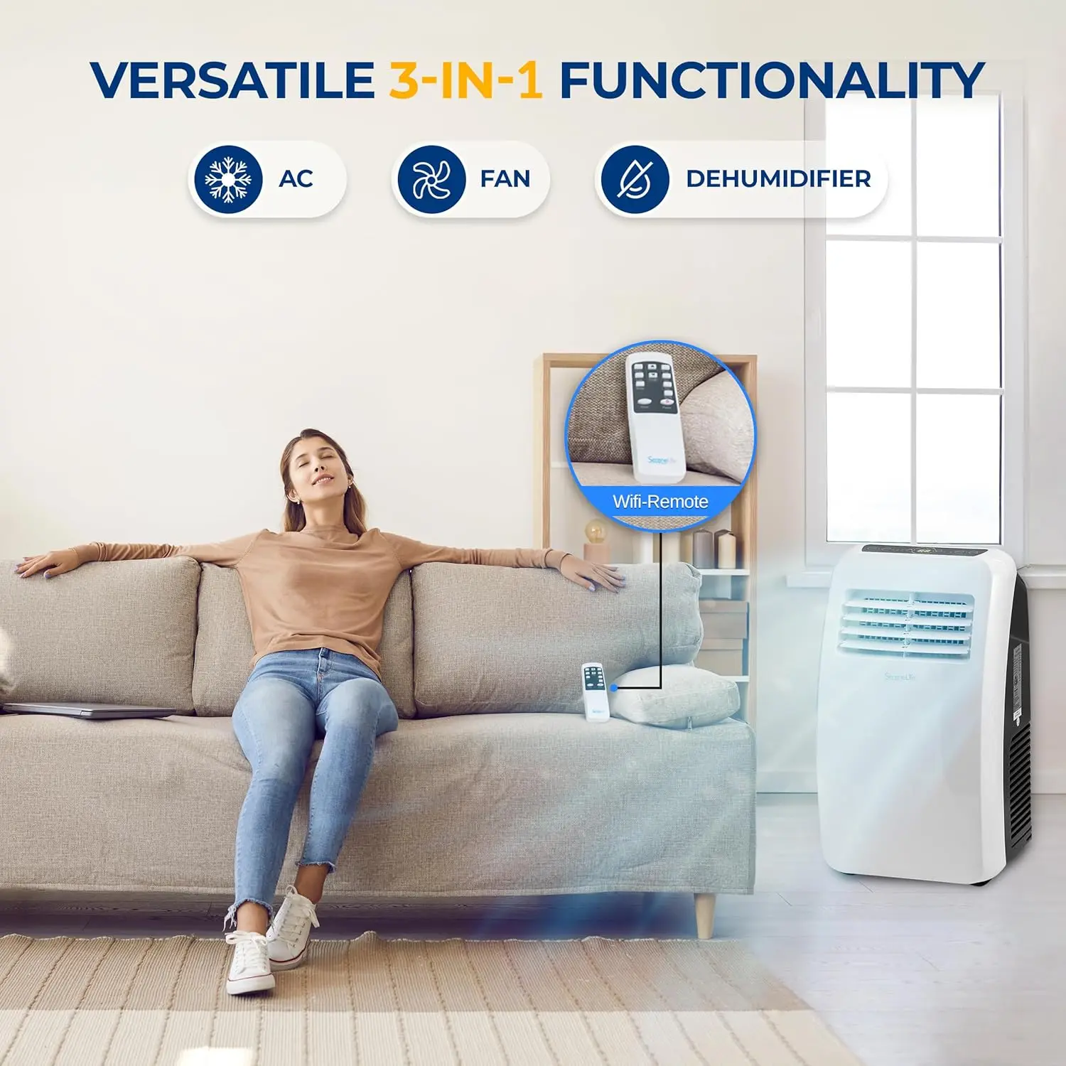 SereneLife-Aire acondicionado portátil 3 en 1 con función deshumidificadora integrada, modo ventilador, Control remoto, Kit de escape con montaje en ventana