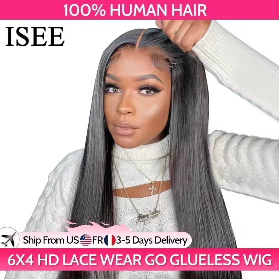 ISEE Hair Glueless-Perücke, Echthaar, bereit zum Tragen, gerade, leimlose, vorgezupfte Wear-and-Go-Perücken, 6 x 4 HD-Lace-Front-Perücken, vorgeschnittene Spitze