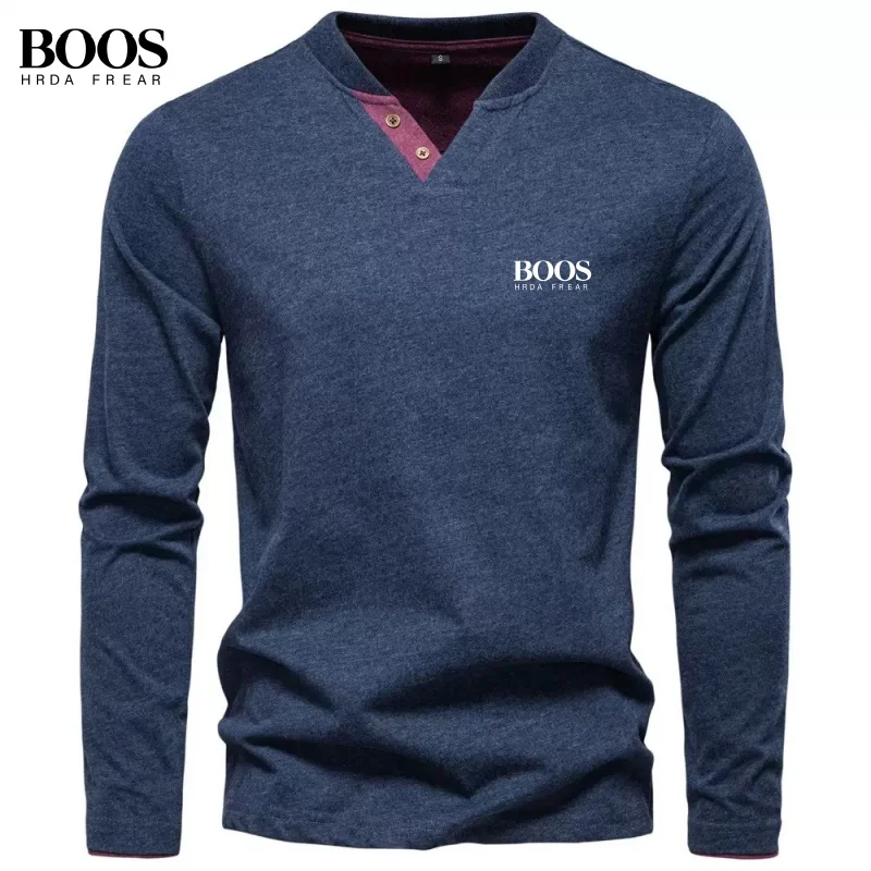 Spring and Autumn Men's High-Quality Pure Cotton Long-Sleeved V-Neck T-Shirt, New Fashionable and Casual Versatile Top — купить у AliExpress WW