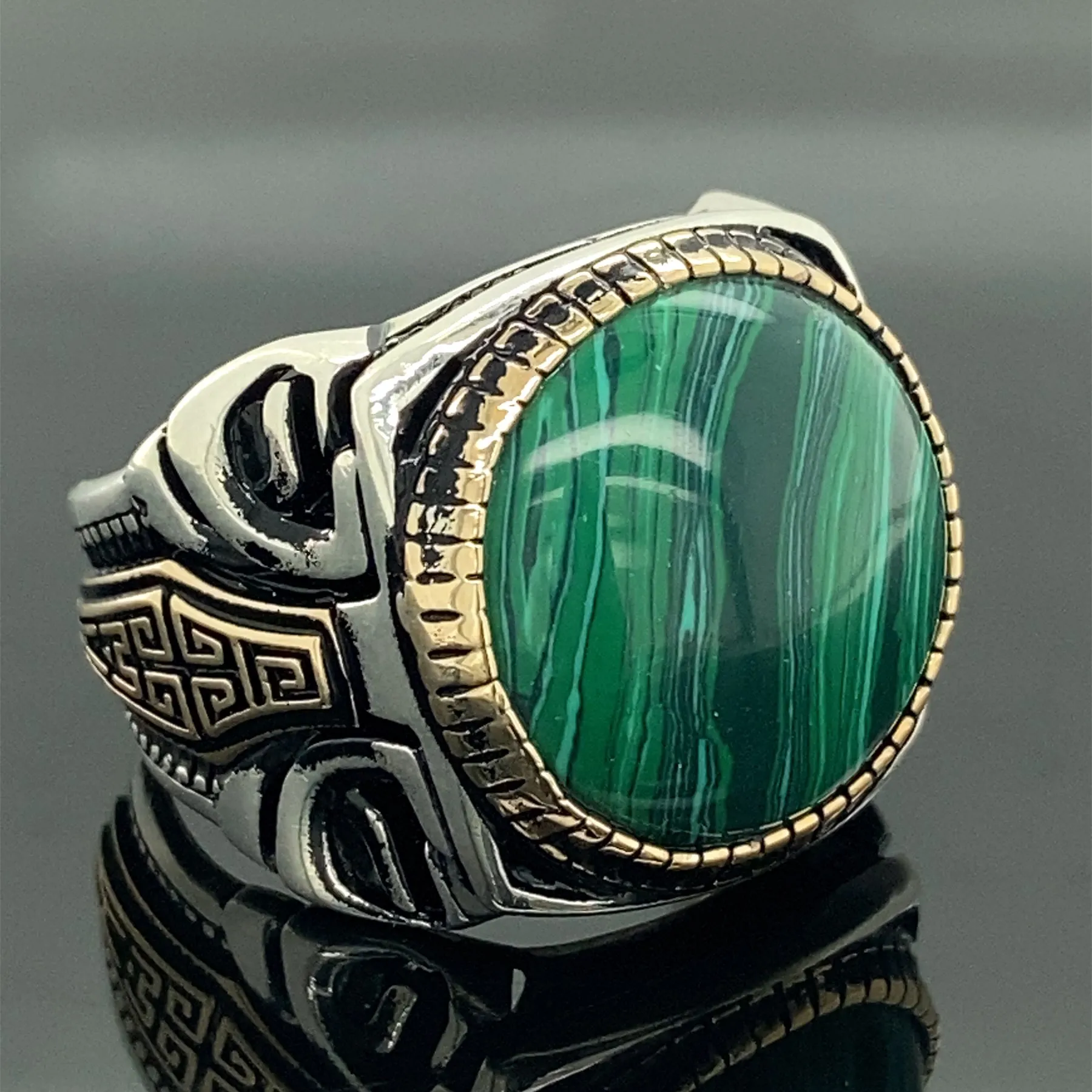 

Malachite Men Ring , Greek Style Ring , Round Malachite Ring , Turkish Handmade Silver Ring