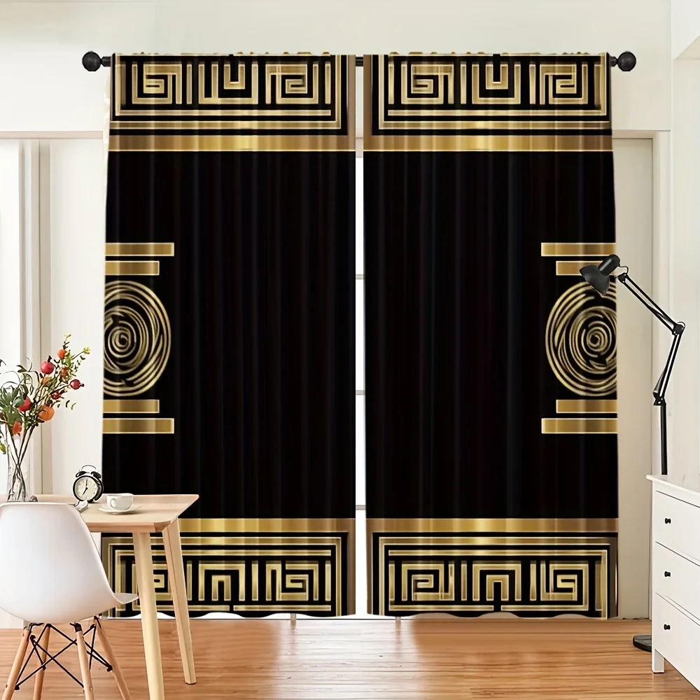 Blackout Curtains Gold Greek Key Design Luxury Drapes Modern Living Room Bedroom Window Curtains Panel