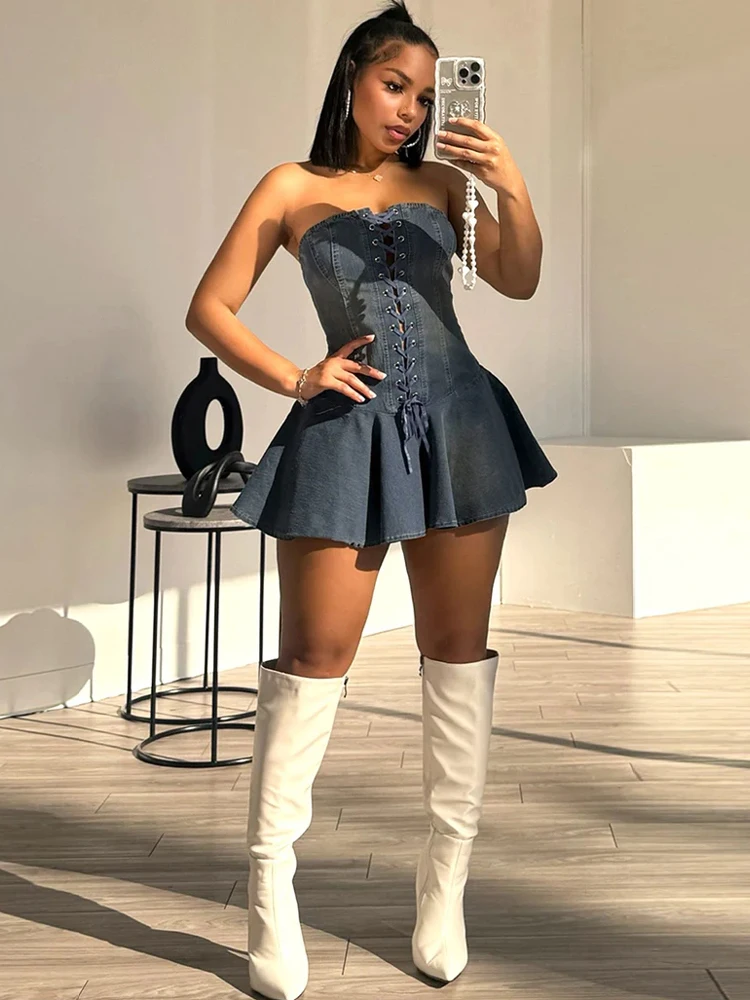 Kricesseen Sweet Blue Denim Strapless Corset Flare Mini Dress Runway Lace-Up Skater Denim Dress Festival Outfits Sexy Clubwear