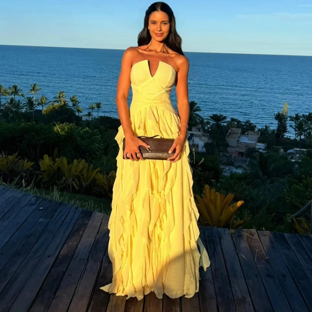 Strapless Deep V Chiffon Maxi Dress Women Ruched Waist Tiered Ruffle Long Formal Evening Gown Beach Wedding Guest Prom Dress